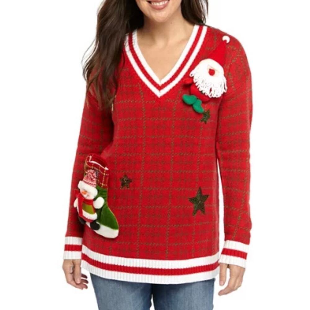 Women's Joyland Long Sleeve Varsity Ugly Christmas Sweater Santa & Stocking LG